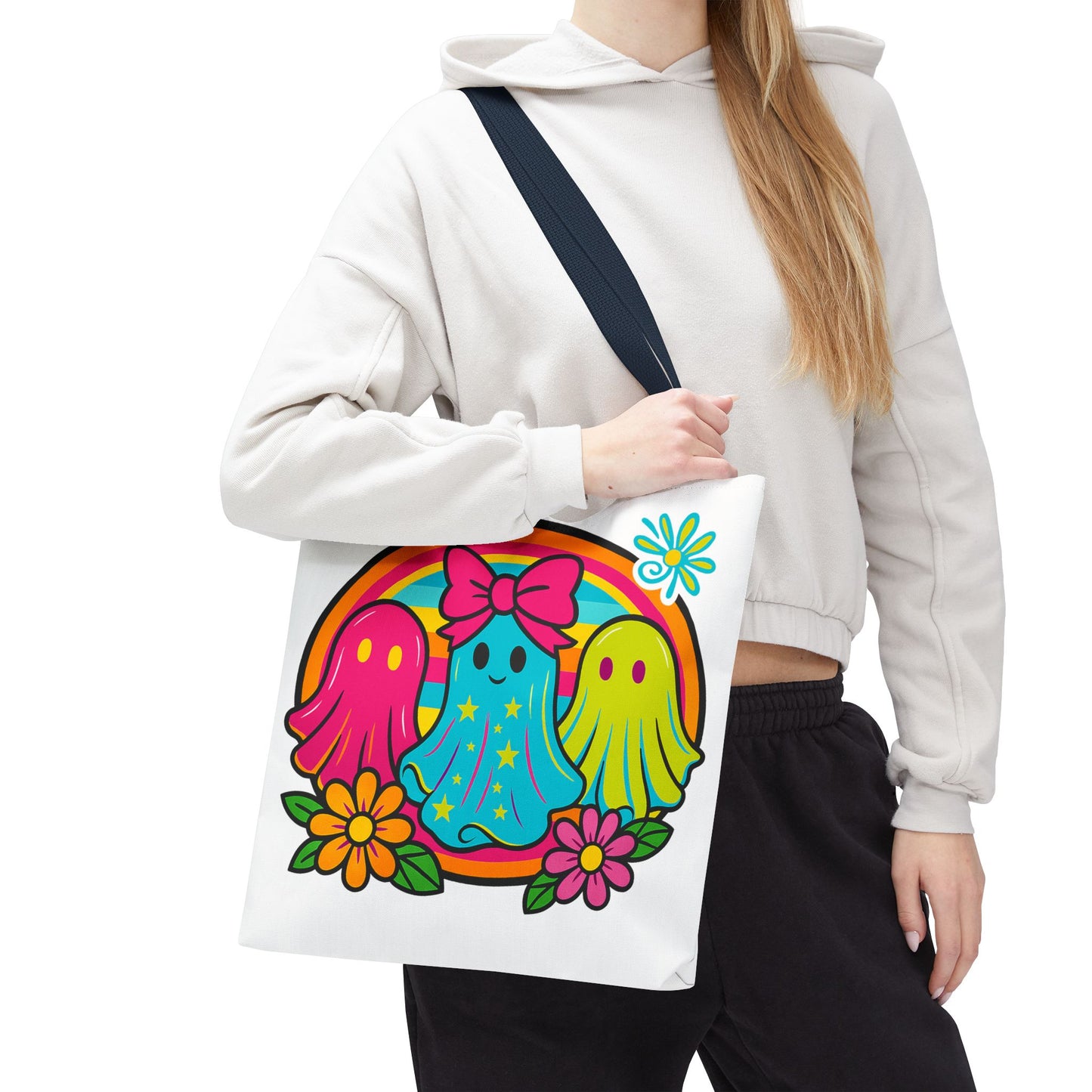 ๐ Retro Rainbow Ghosts Tote Bag โ Groovy Spooky Fun ๐ป๐