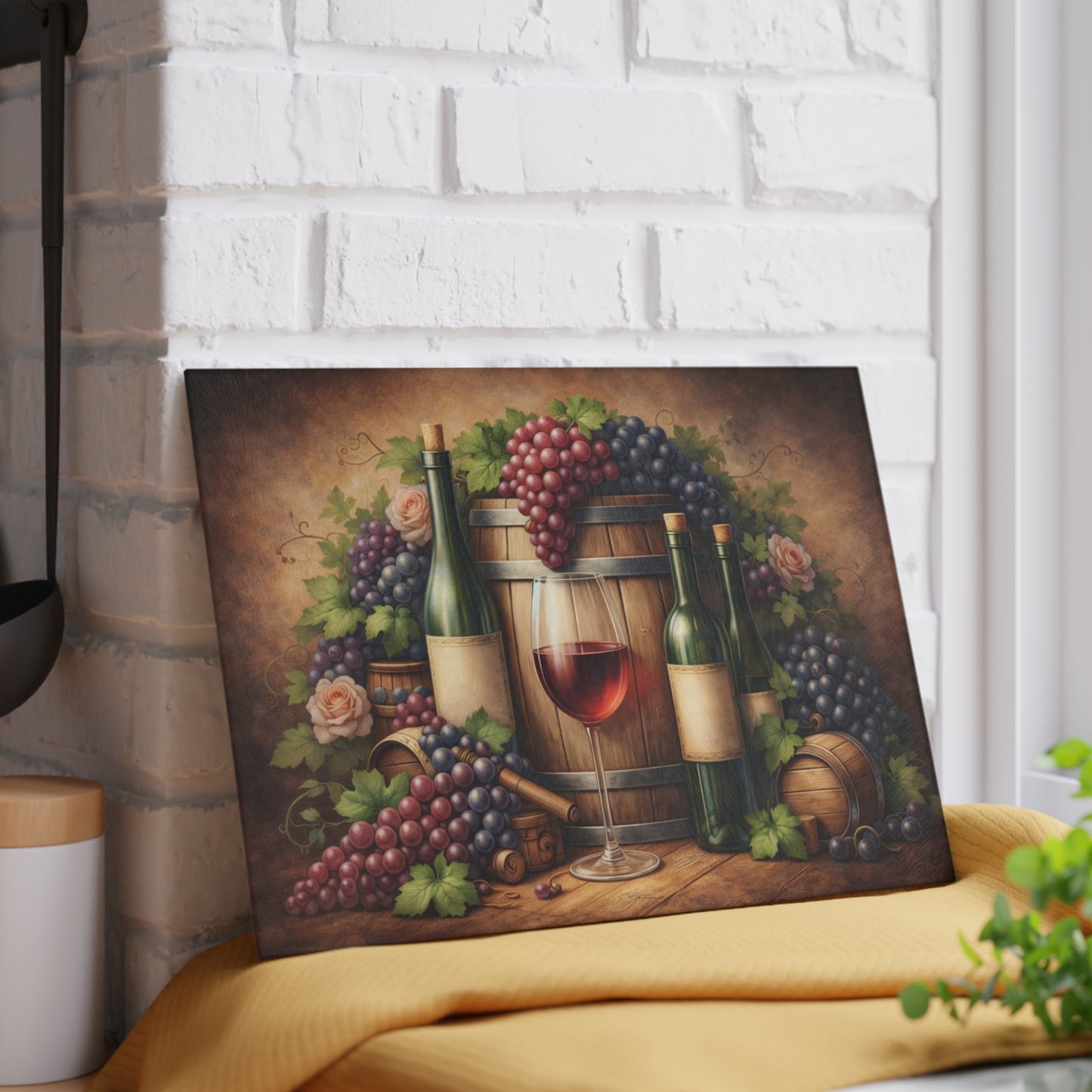 Vintage Vineyard Still Life Glass Cutting Board – Rustic Wine Cellar Artwork for Kitchen Display