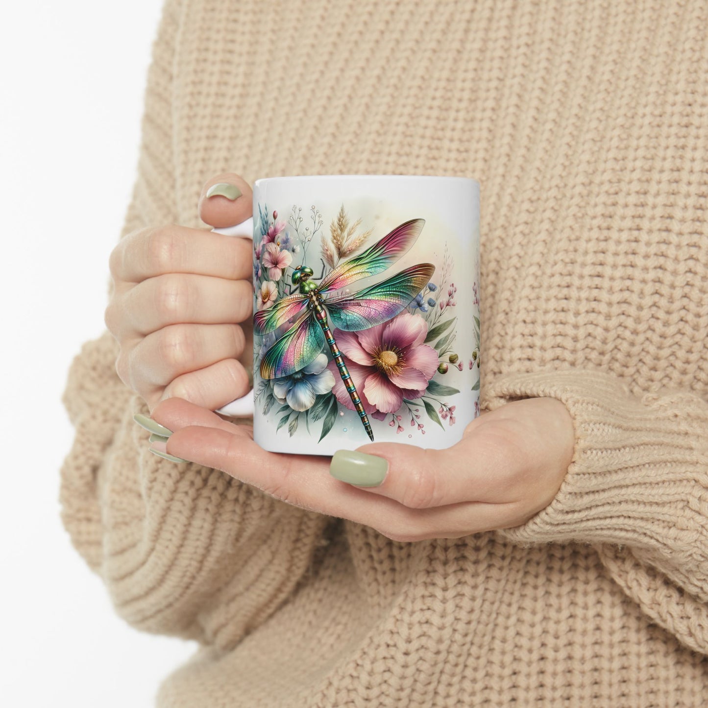 🌈 Magia del Jardín Arcoíris – Envoltorio para Taza de Café con Libélula Vibrante ☕