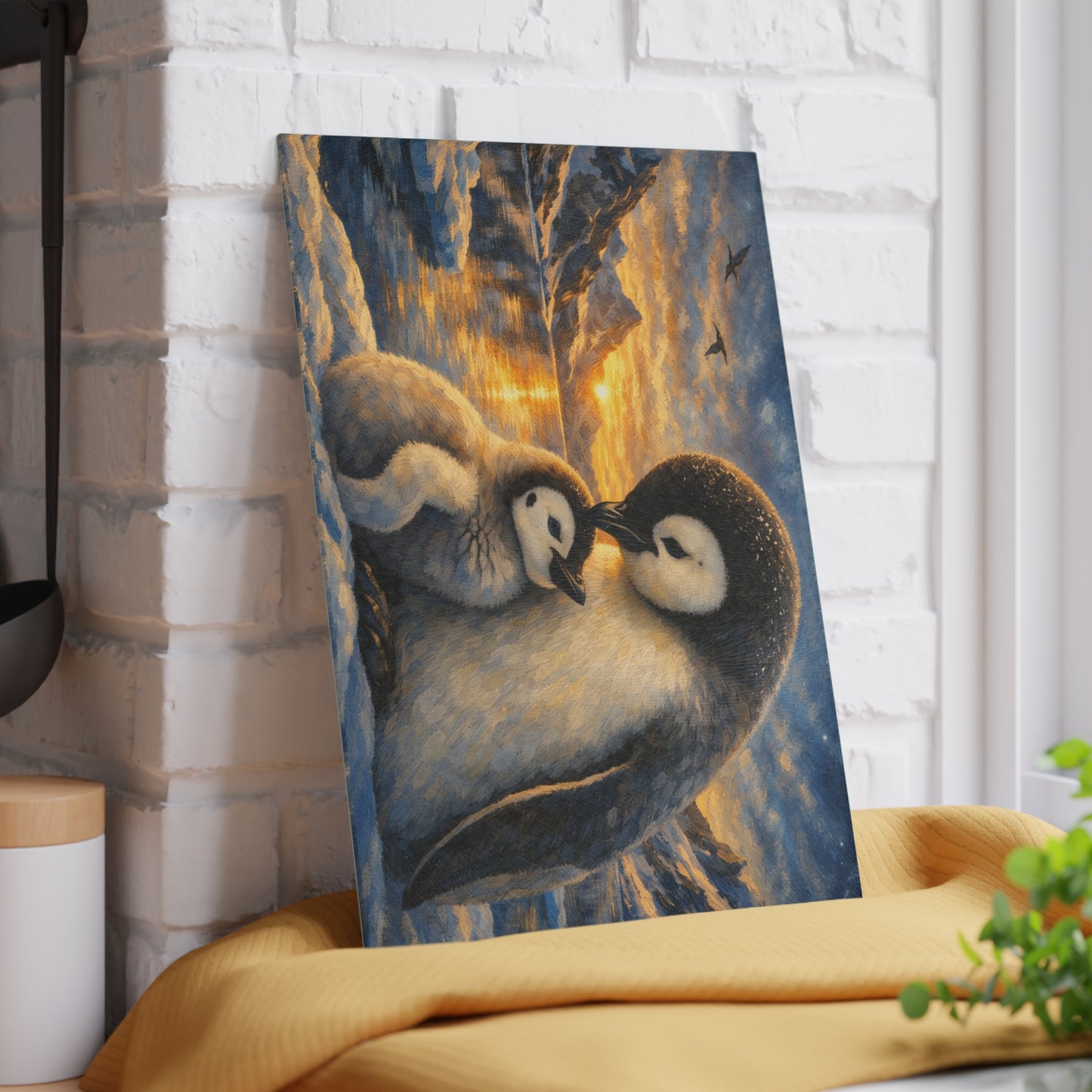 Penguins at Golden Arctic Sunset Glass Cutting Board – Mother and Baby Wildlife Artwork