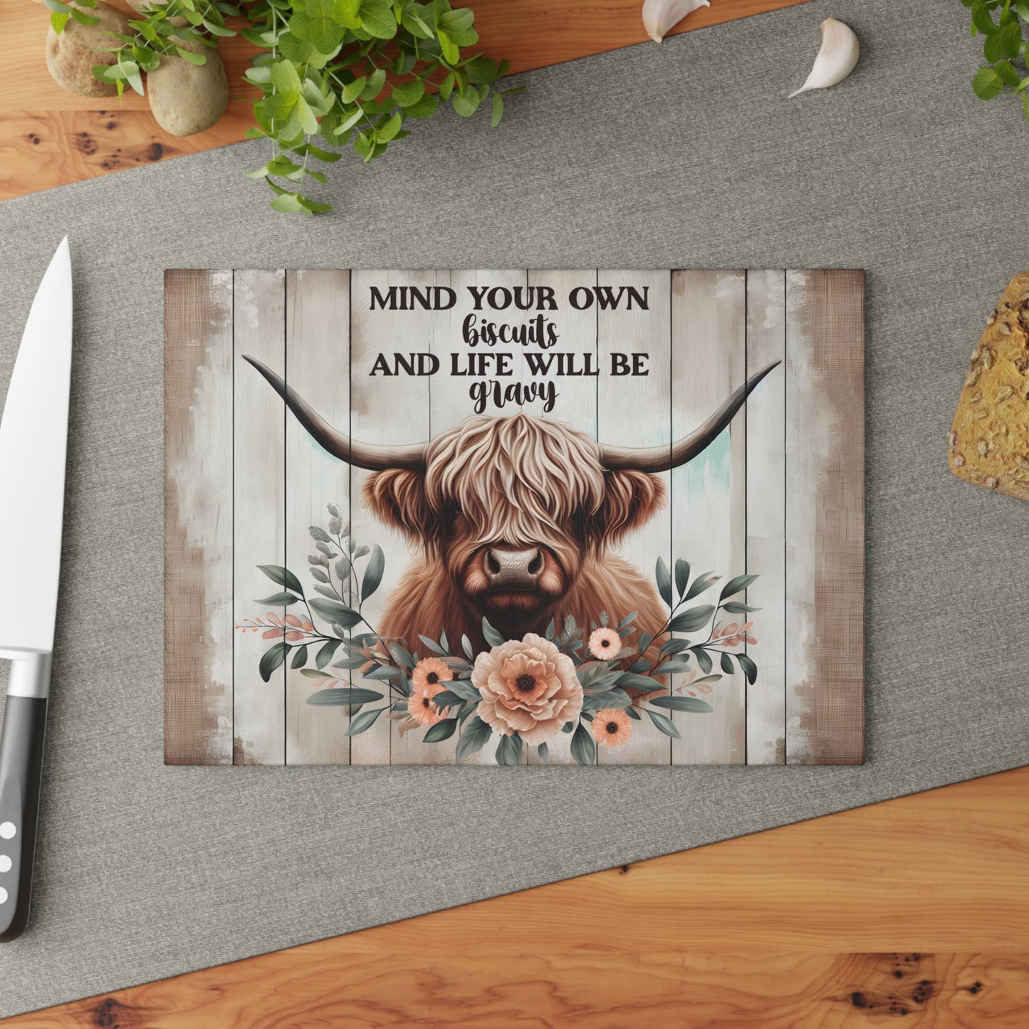 🐄 “Mind Your Own Biscuits” Cutting Board – Sass, Southern Charm & Farmhouse Fun