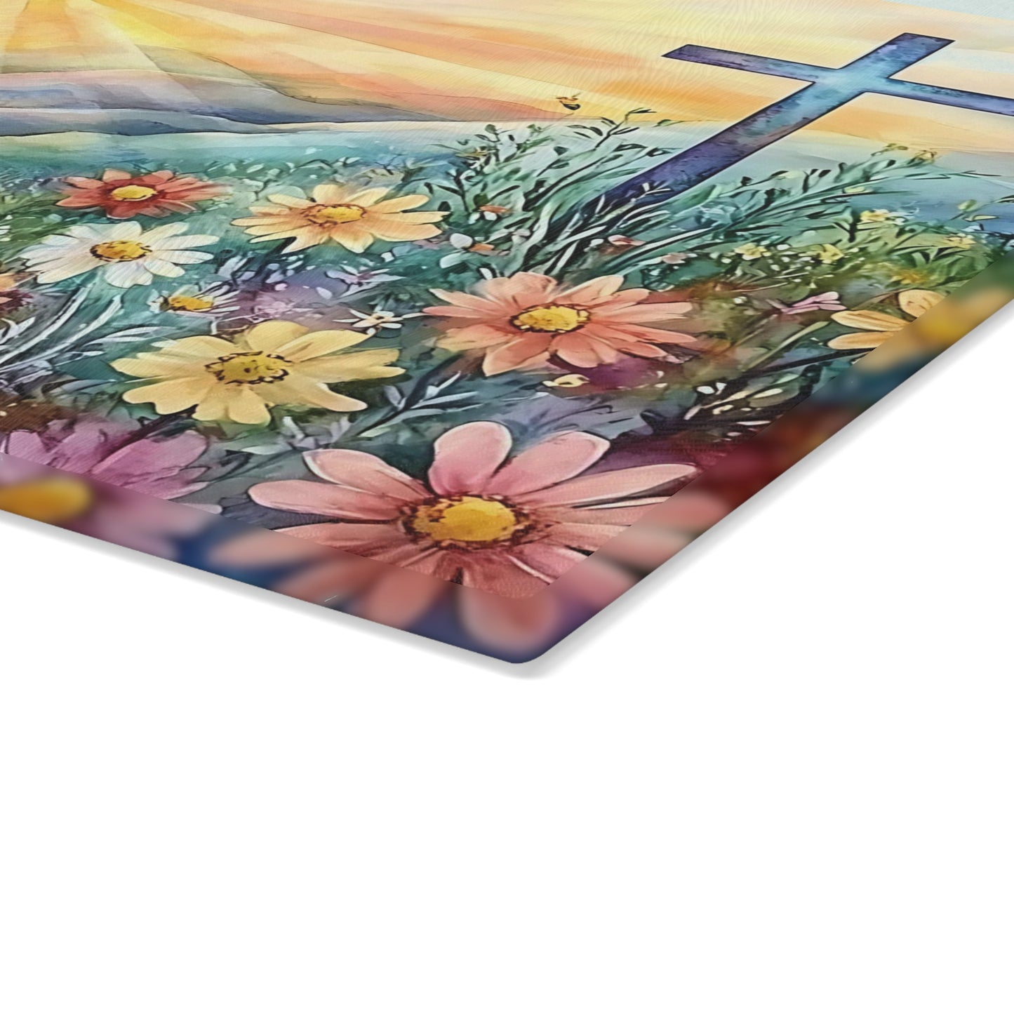 🌄🌸 Sunrise Mountain Cross Cutting Board – Peaceful Faith Kitchen Décor with Florals & Radiant Light ✝️✨