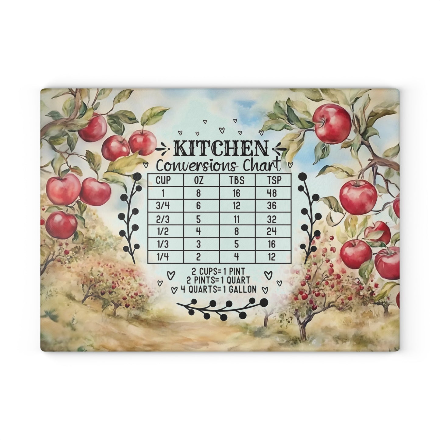 🍎📏 Apple Orchard Kitchen Conversions Cutting Board – Rustic Farmhouse Charm with Helpful Measurements 🌿🥧