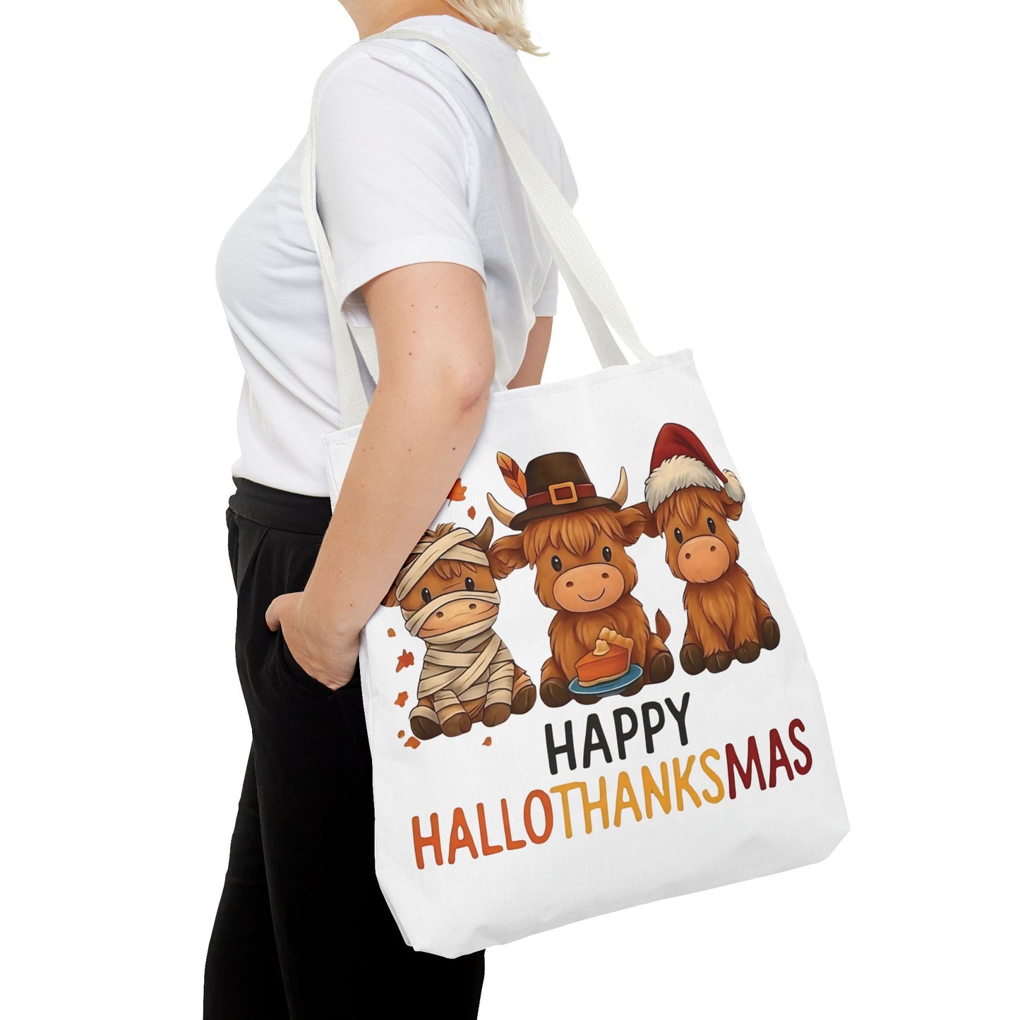🐮 Happy Hallothanksmas Highland Cow Tote Bag – Holiday Fun All Season 🎃🦃🎄👜