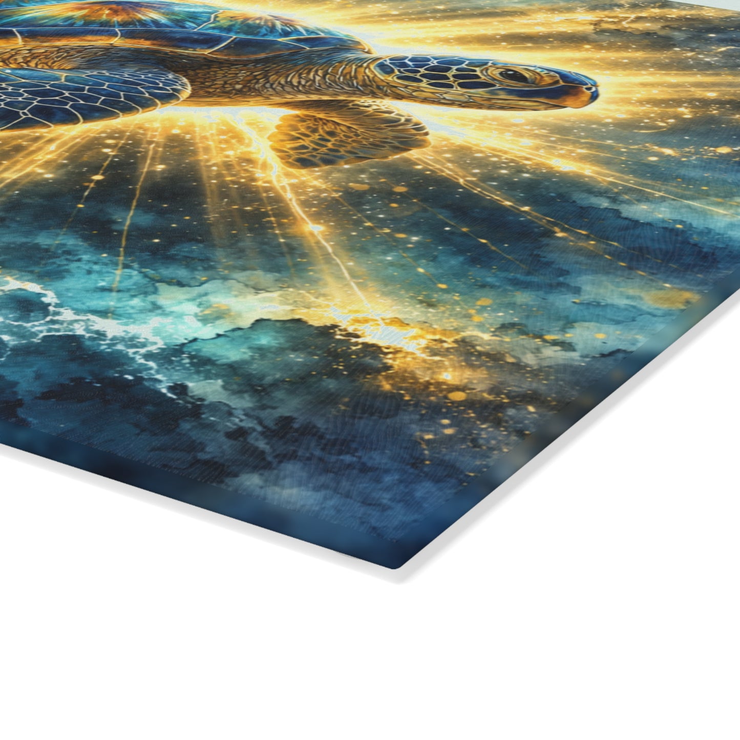 Radiant Sea Turtle Glass Cutting Board – Luminous Ocean Wildlife Art