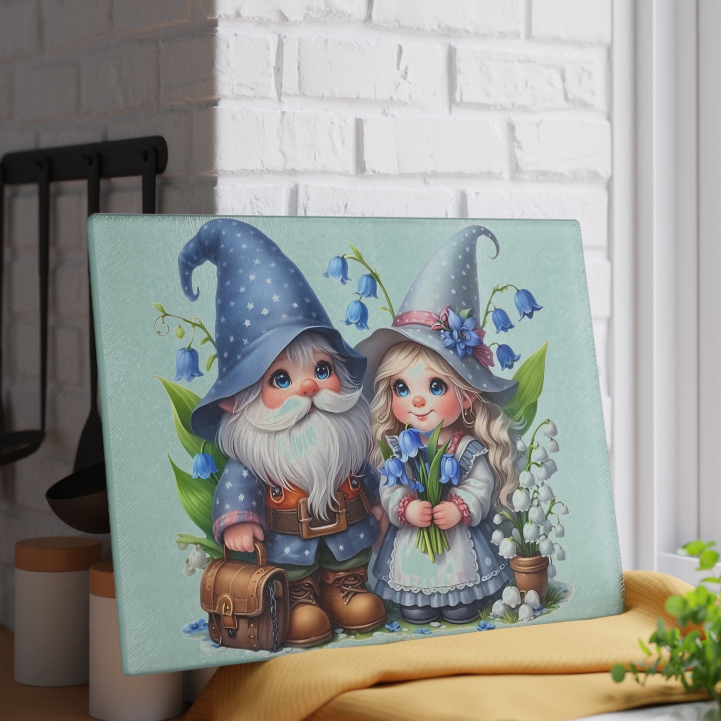 💙🌸 Bluebell Gnome Couple Cutting Board – Whimsical Garden Kitchen Décor with Sweet Floral Charm 🌿✨