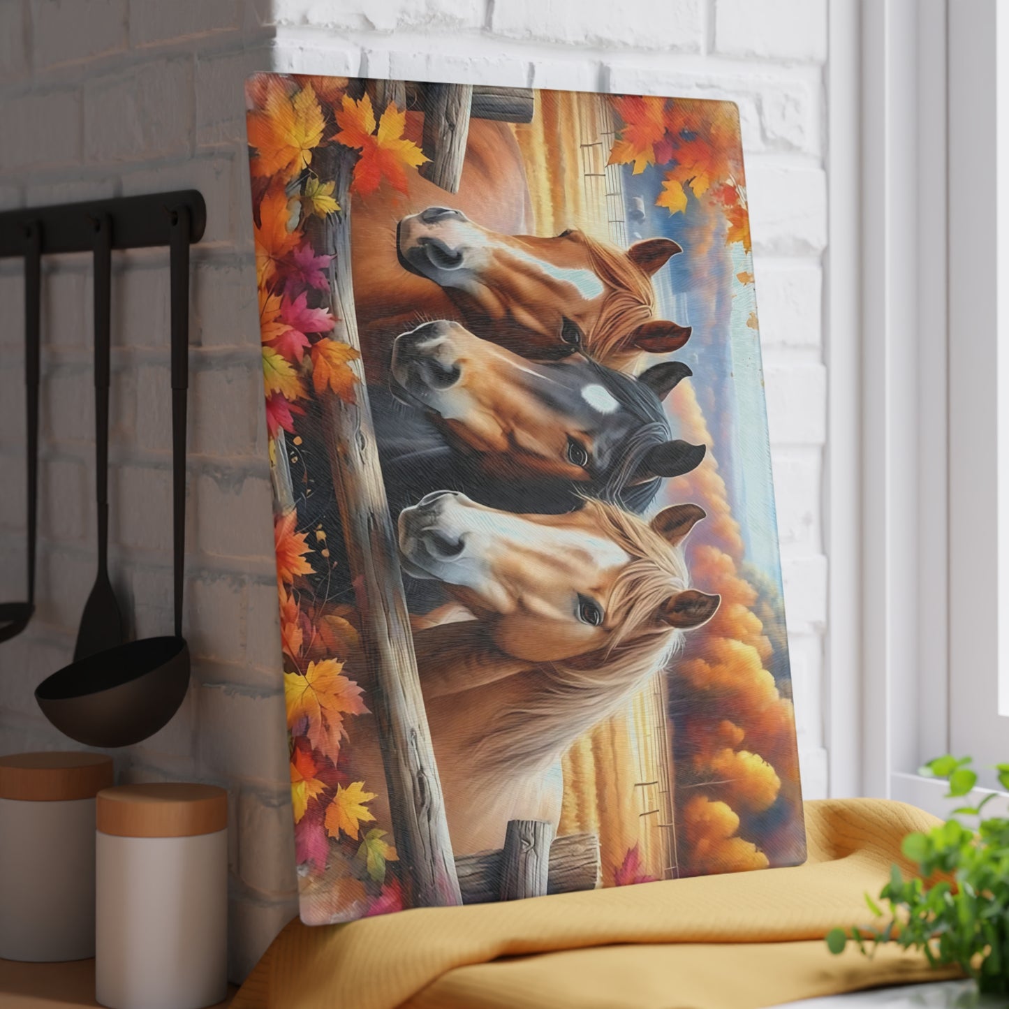 🐎🍂 Autumn Horses Glass Cutting Board – Rustic Country Charm for Your Kitchen 🍂🐎