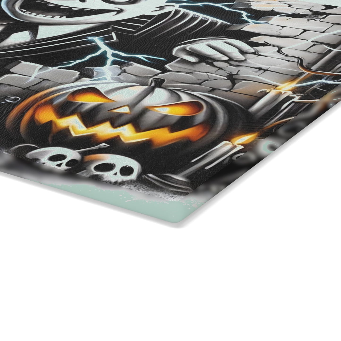 🎃 Haunting Brick Wall Villain Cutting Board – Electric Scare & Pumpkin Glow Kitchen Horror 💀⚡