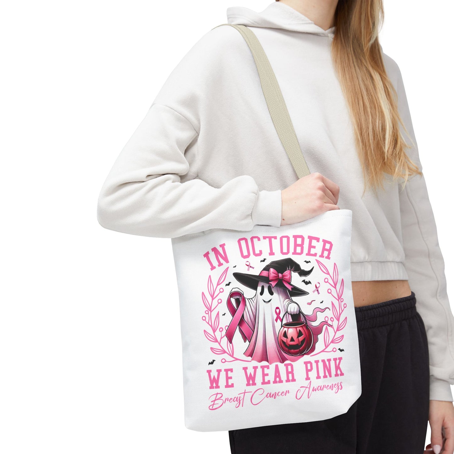 🎀 In October We Wear Pink Tote Bag – Breast Cancer Awareness with Spooky Charm 🎃