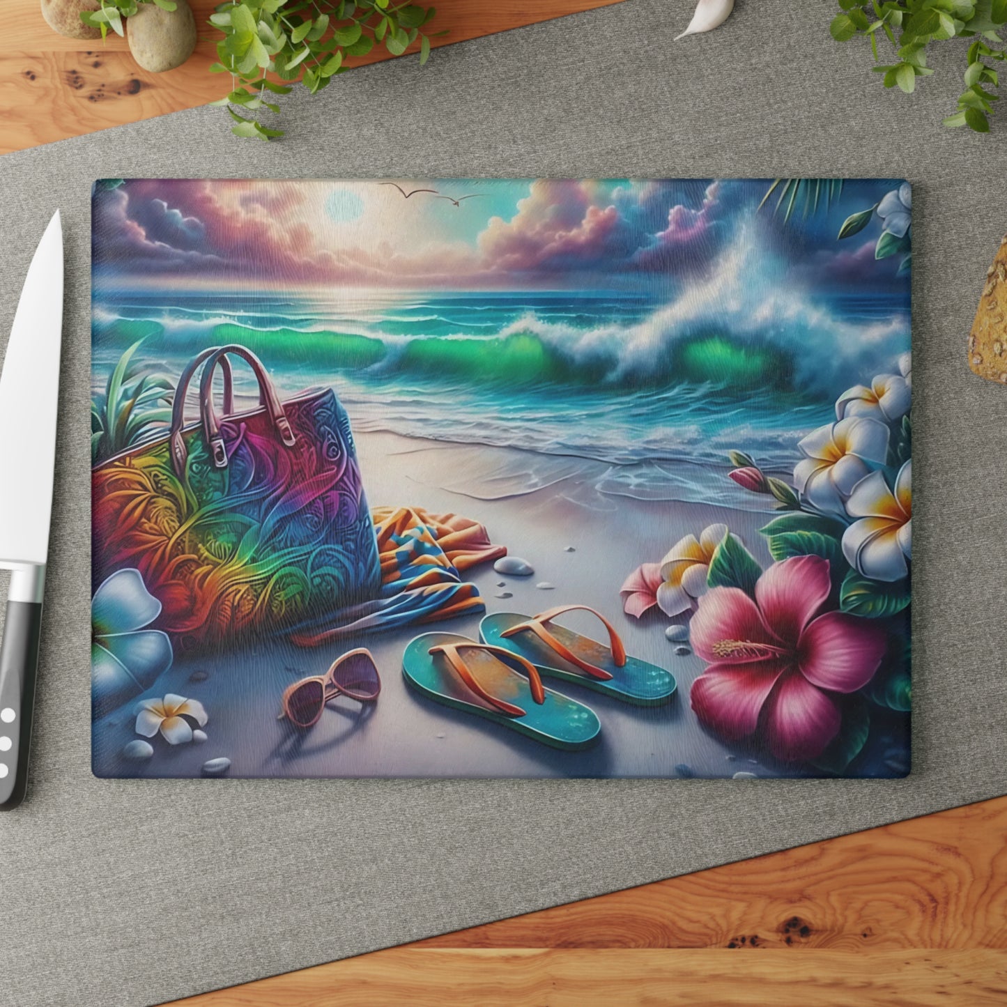 Tabla de cortar de vidrio "Día de Playa Tropical" - Decoración de cocina con ambiente veraniego, decoración costera, arte oceánico, regalo playero, tabla de cortar de vidrio, decoración de cocina tropical, aspecto pintado a mano, escena playera