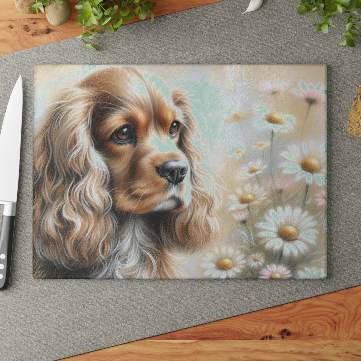 🌼 Golden Cocker Spaniel Cutting Board – Sweet Gaze & Daisy Daydreams for Your Kitchen
