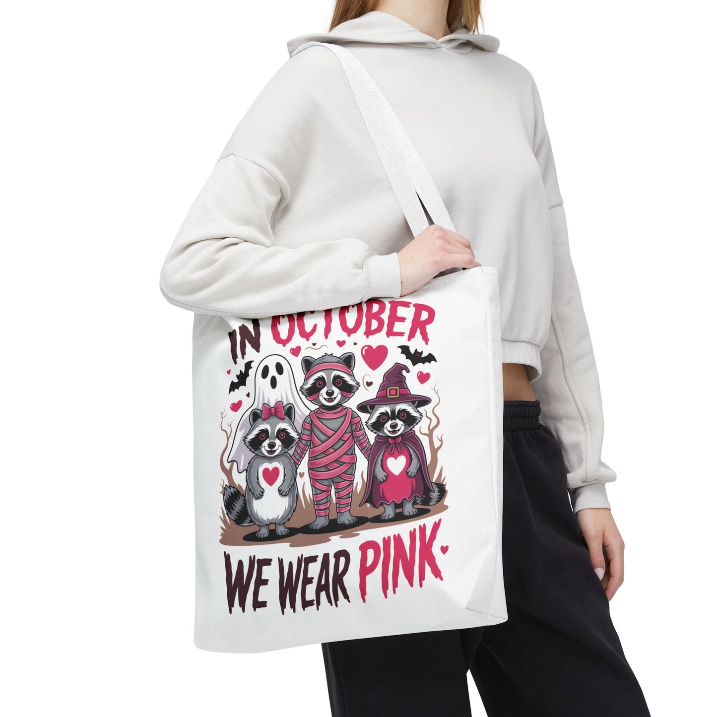 🎀 In October We Wear Pink Raccoon Halloween Tote Bag – Spooky Cute Awareness Style 🦝👜