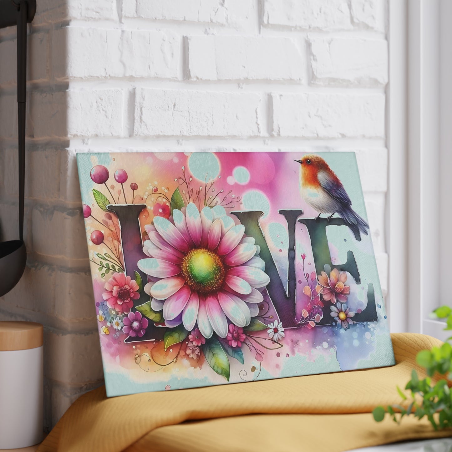 Tabla de cortar, diseño de amor con pájaros y girasoles, decoración de cocina, bandeja de vidrio para servir, regalo de inauguración de la casa, utensilio de cocina