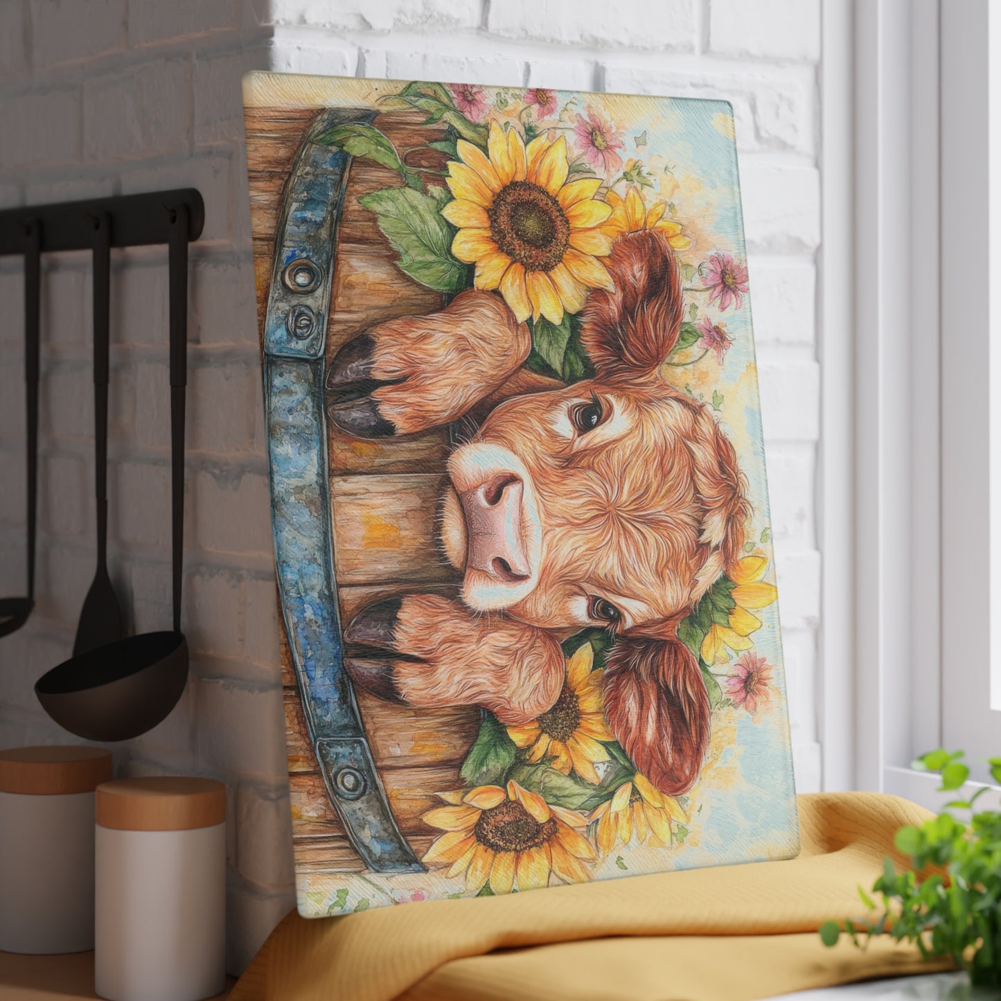 🐮🌻 Sunflower Calf Cutting Board – Rustic Farmhouse Beauty for Your Kitchen 🌼