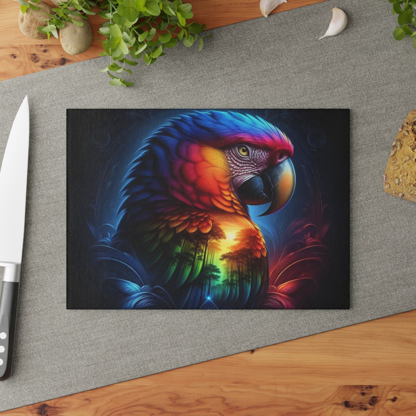 🦜🔥 Vibrant Sunset Macaw Cutting Board – Bold Color & Dramatic Tropical Flair for Your Kitchen