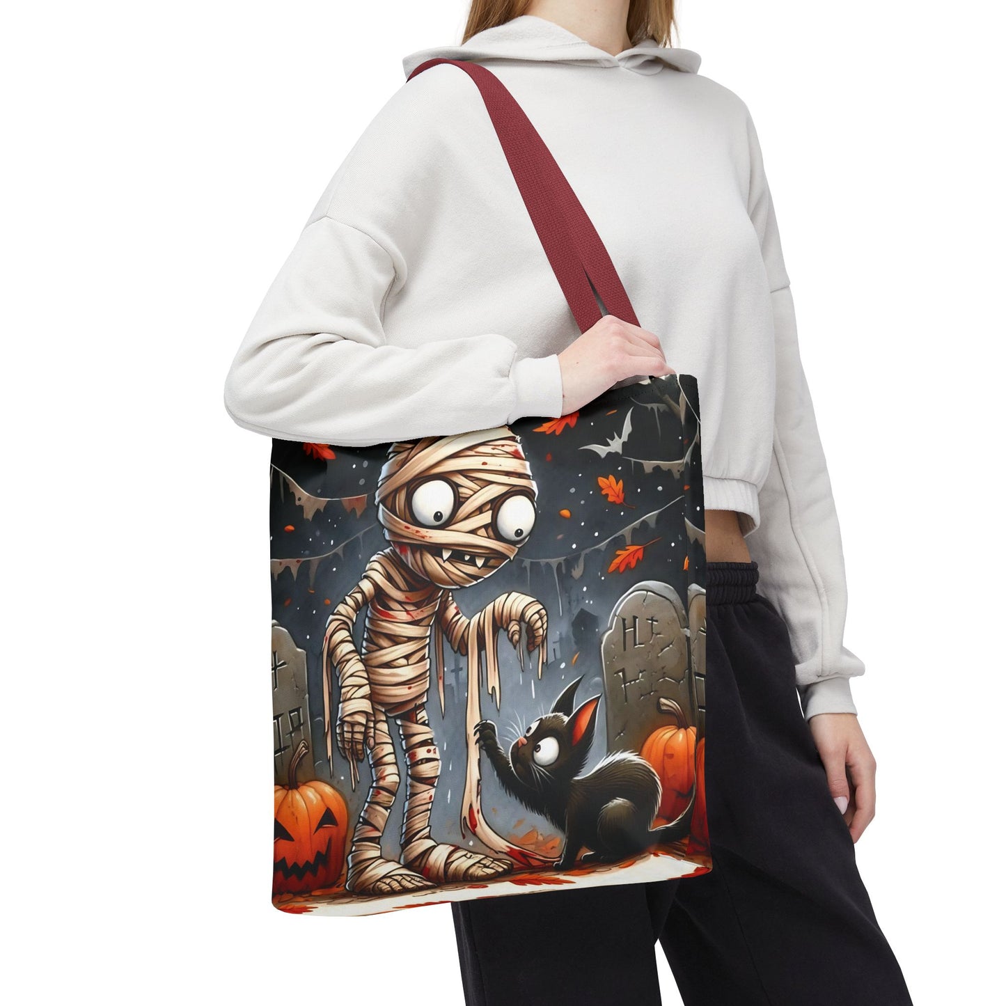 🎃 Mummy & Black Cat Halloween Tote Bag – Spooky Cute & Perfect for Trick-or-Treating 🖤🛍️
