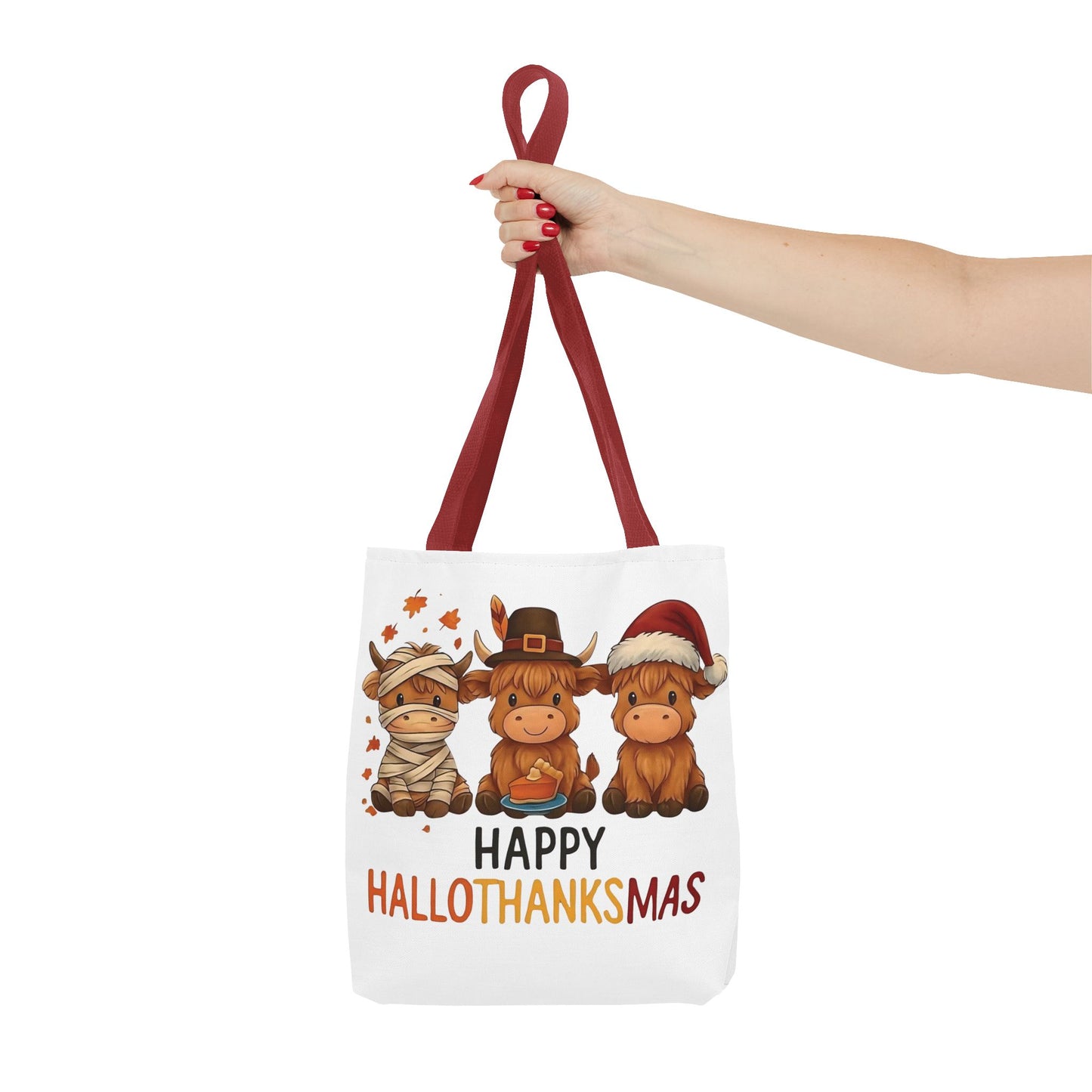 🐮 Happy Hallothanksmas Highland Cow Tote Bag – Holiday Fun All Season 🎃🦃🎄👜