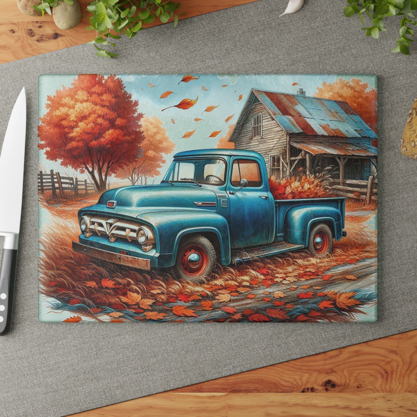 🚜 Vintage Blue Truck Cutting Board – Country Charm & Fall Nostalgia for Your Kitchen