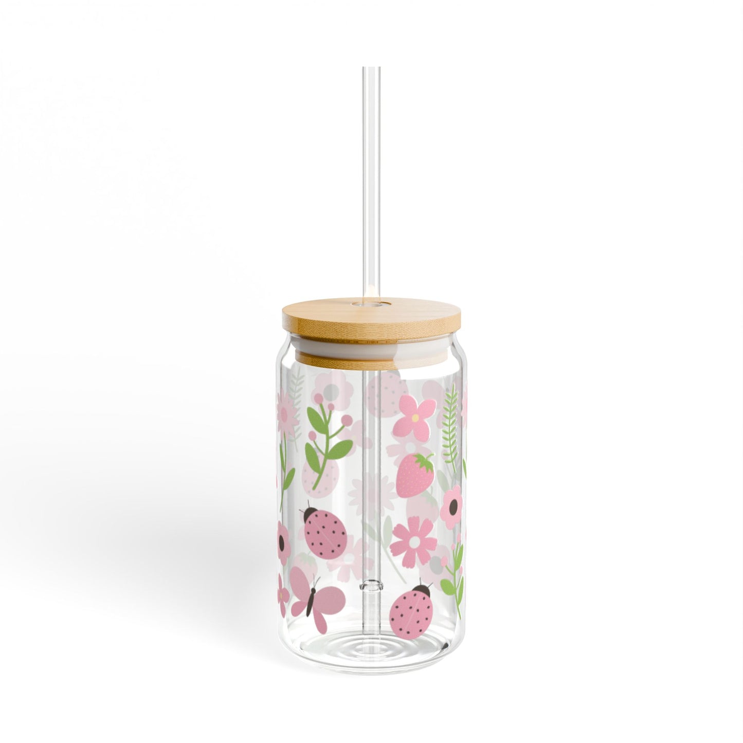 🍓🌸 Strawberry Ladybug Sipper Glass – 16oz Sweet Garden Charm in Every Sip 💕🌿
