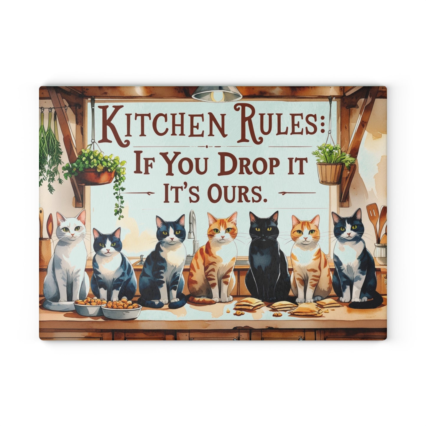 🐱🍴 Kitchen Rules Cat Cutting Board – “If You Drop It, It’s Ours” 🍴🐱