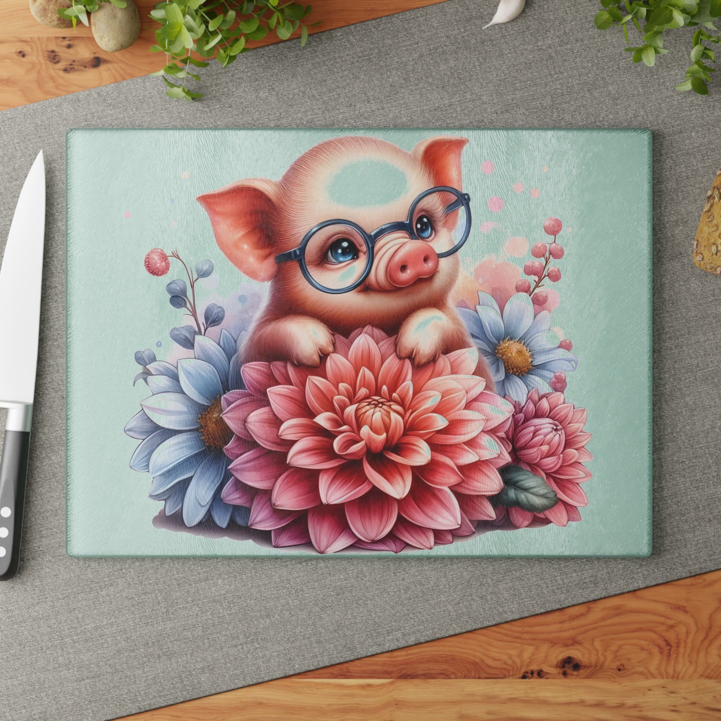 🐷🌸 Smart Piglet with Flowers Cutting Board – Adorable Farmhouse Charm for Your Kitchen 🌸🐷