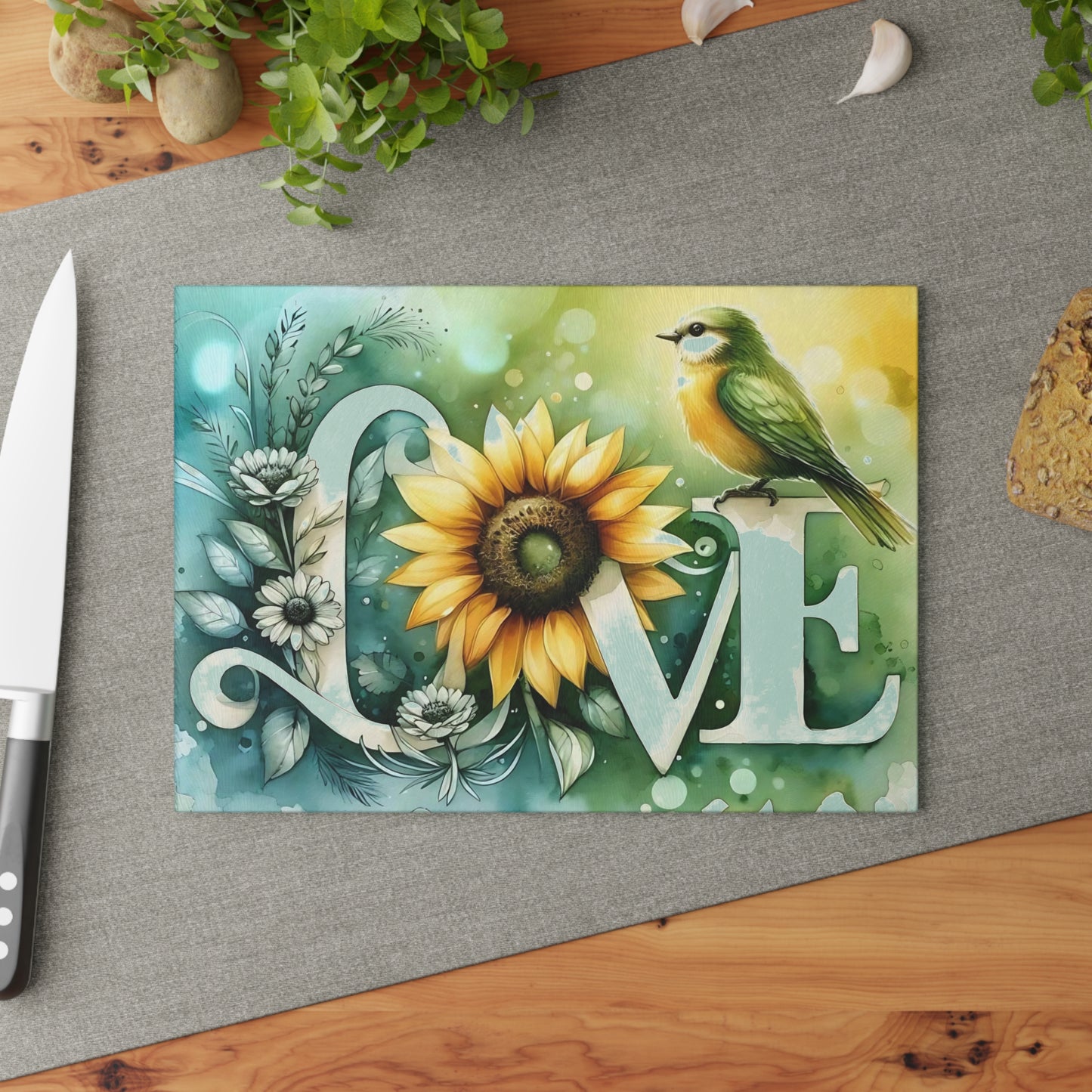 Tabla de cortar, diseño de amor con pájaros y girasoles, decoración de cocina, bandeja de vidrio para servir, regalo de inauguración de la casa, utensilio de cocina