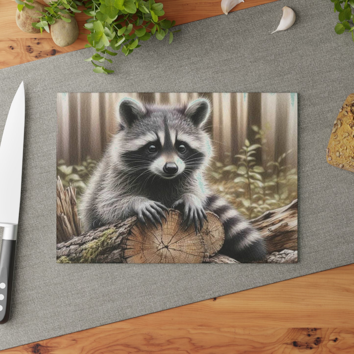 Tabla de cortar con diseño de mapache curioso: el encanto rústico se fusiona con la fantasía del bosque