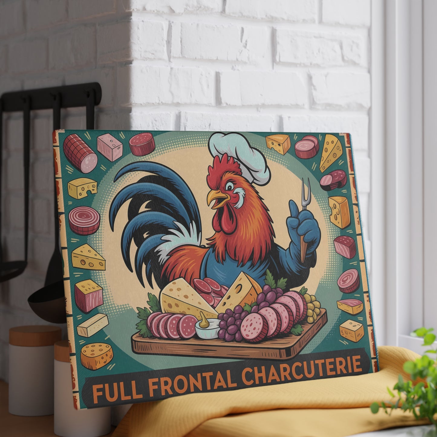 Tabla de cortar charcutería frontal completa: un divertido regalo de cocina con forma de gallo, queso y carne