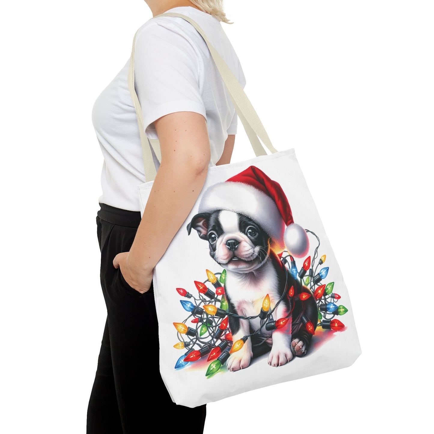 👜 Boston Terrier Christmas Lights Tote Bag – Holiday Sparkle Meets Puppy Love 🎄