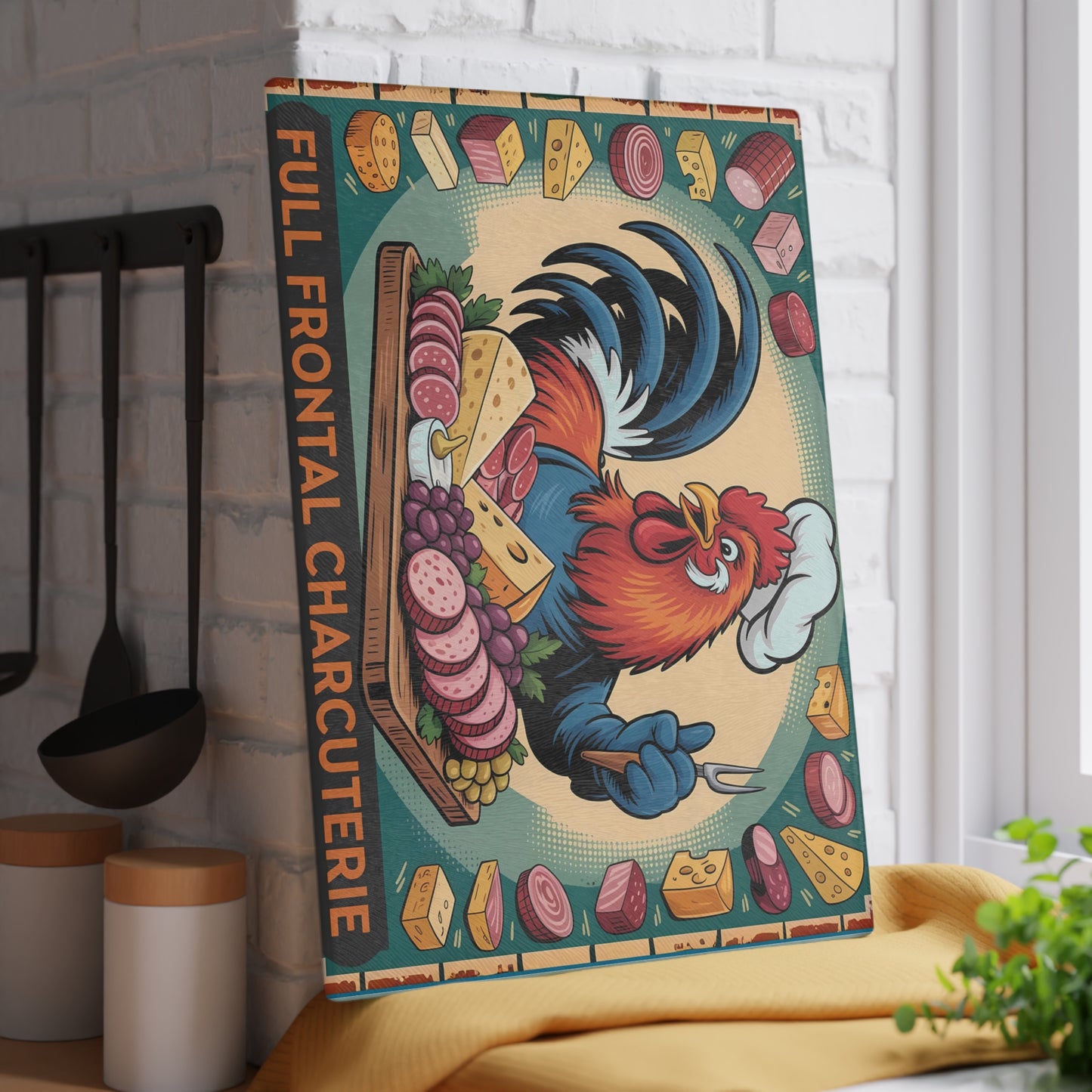 Tabla de cortar charcutería frontal completa: un divertido regalo de cocina con forma de gallo, queso y carne