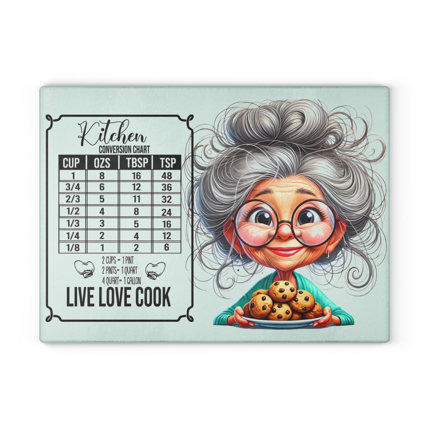 Tabla de cortar para cocina "Vive, ama y cocina": diseño original de abuela y gráfico de galletas