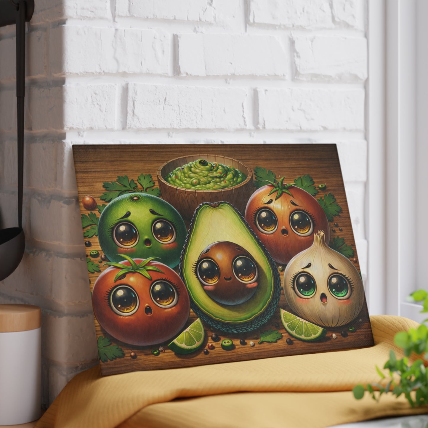 Cute Avocado & Veggie Glass Cutting Board – Whimsical Kitchen Art with Guacamole Charm