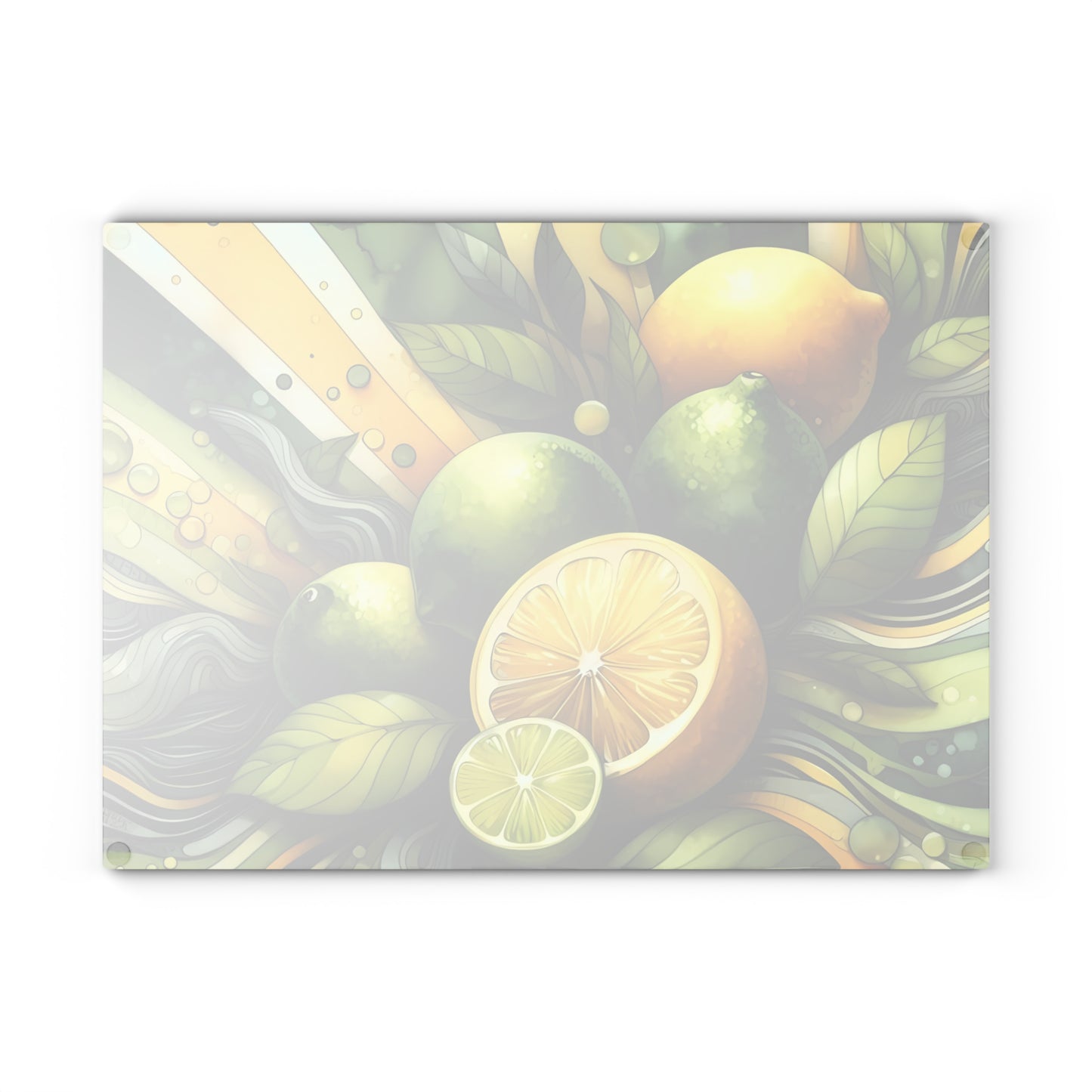 Tabla de cortar de vidrio con limones y limas frescas: decoración de cocina y estilo para servir con un toque cítrico