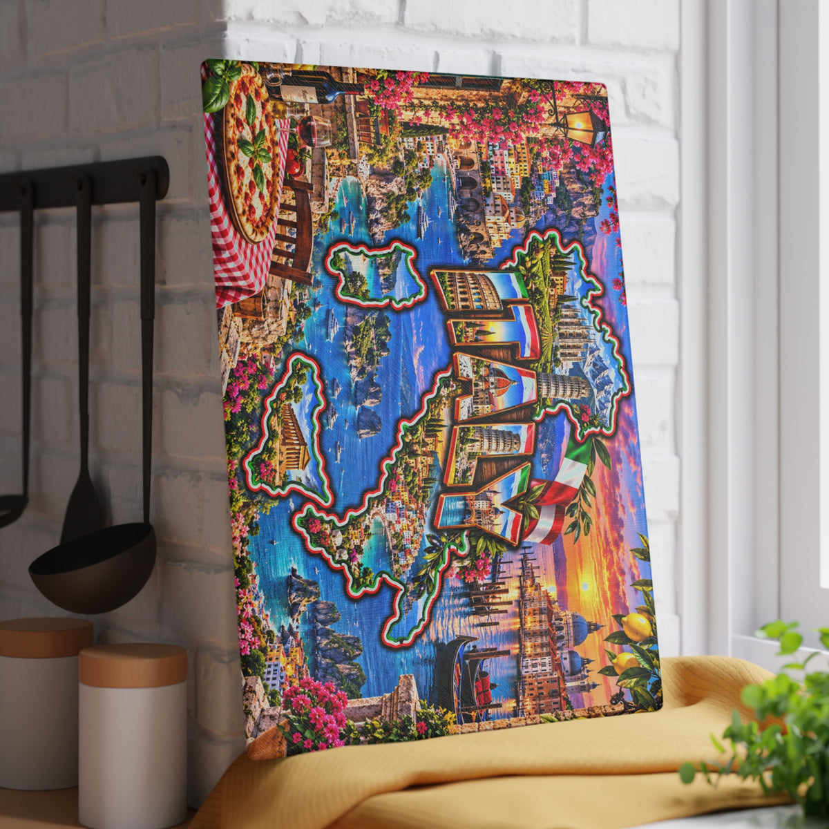 Italy Map Cutting Board – Colosseum, Leaning Tower of Pisa, Venice Canals, Amalfi Coast & Scenic Kitchen Décor