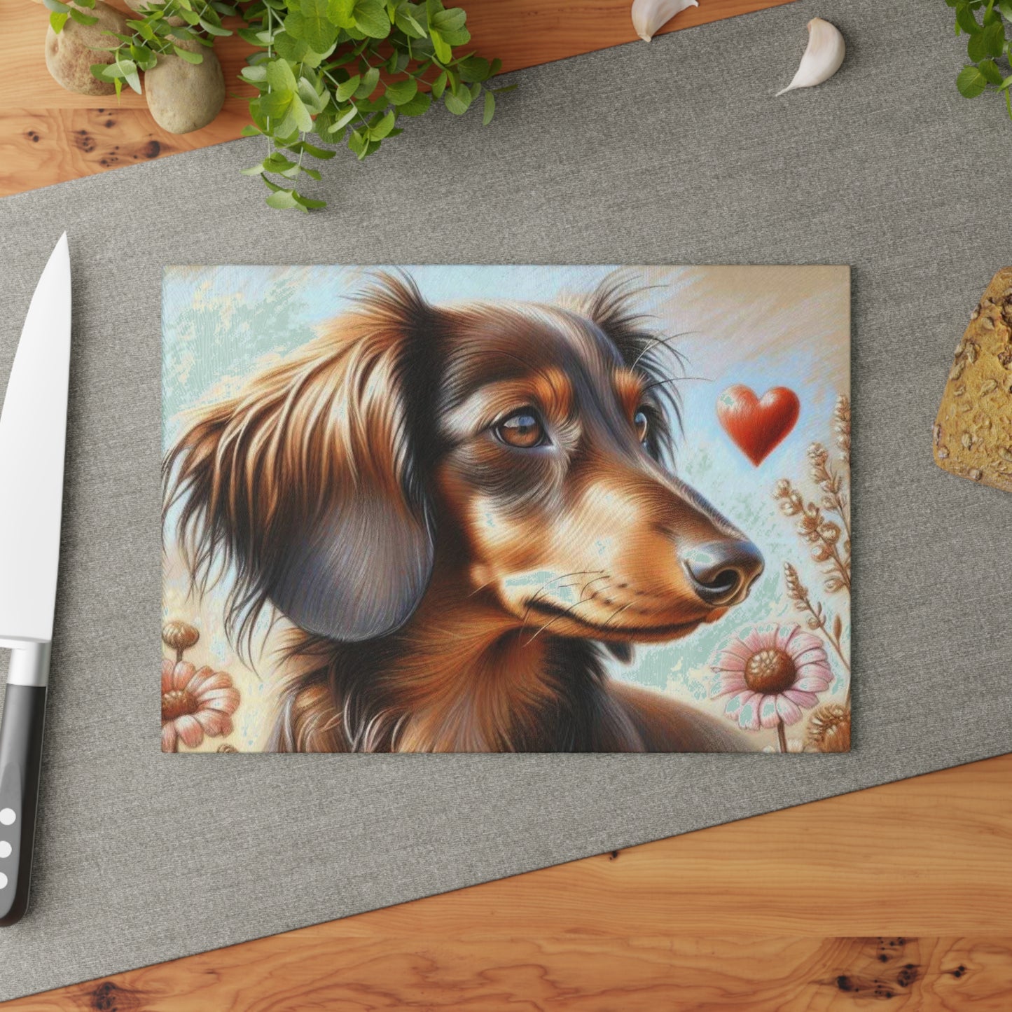 🐾 Dachshund Love Cutting Board – Whimsical Heart & Floral Charm for Your Kitchen