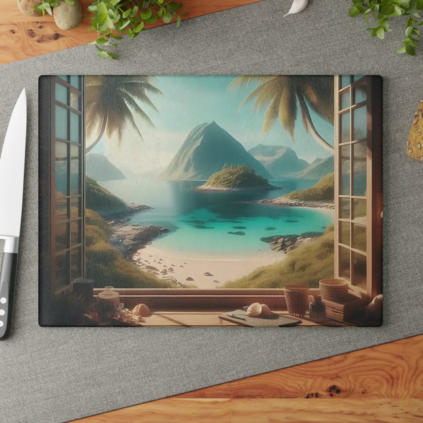 Tabla de cortar tropical, decoración de playa, accesorio de cocina, decoración costera, regalo para amantes de la playa, regalo de inauguración de la casa tropical, tabla de cortar única