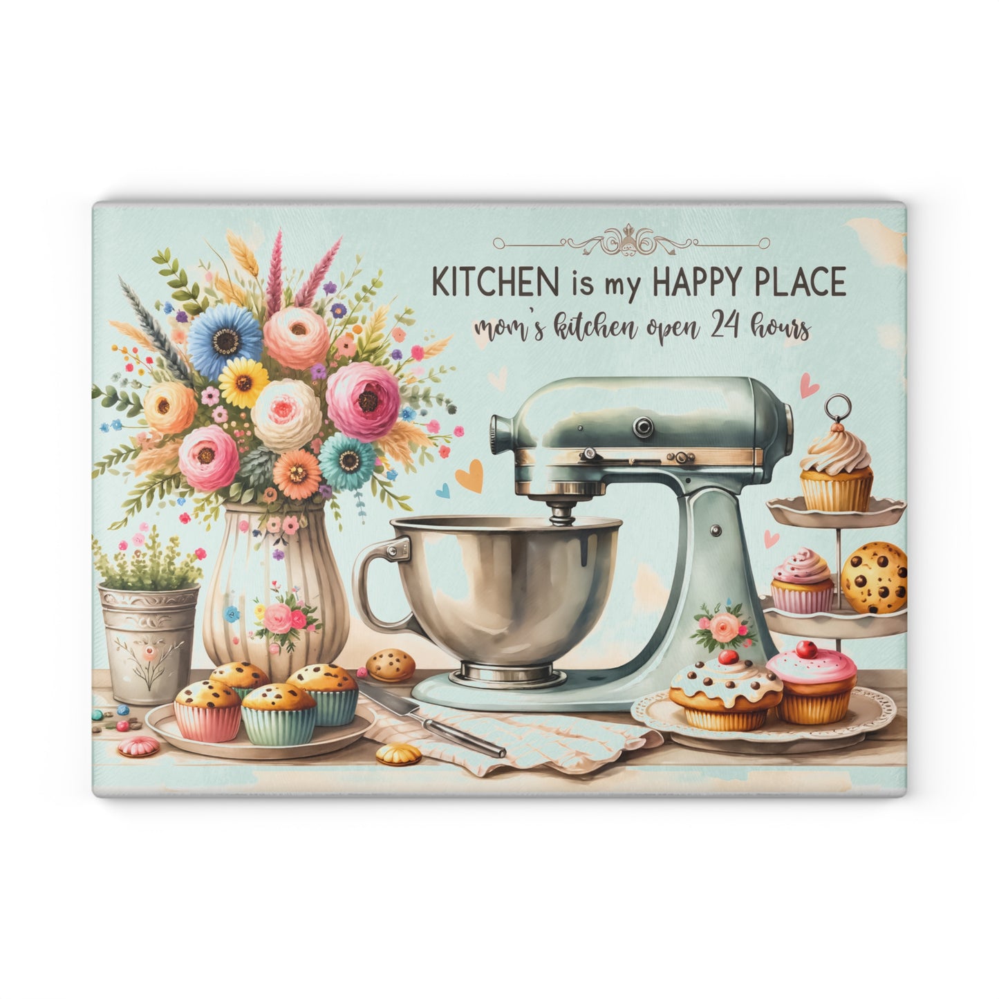 🧁 Kitchen Is My Happy Place Cutting Board – Whimsical Retro Charm for the Sweet-Hearted Baker