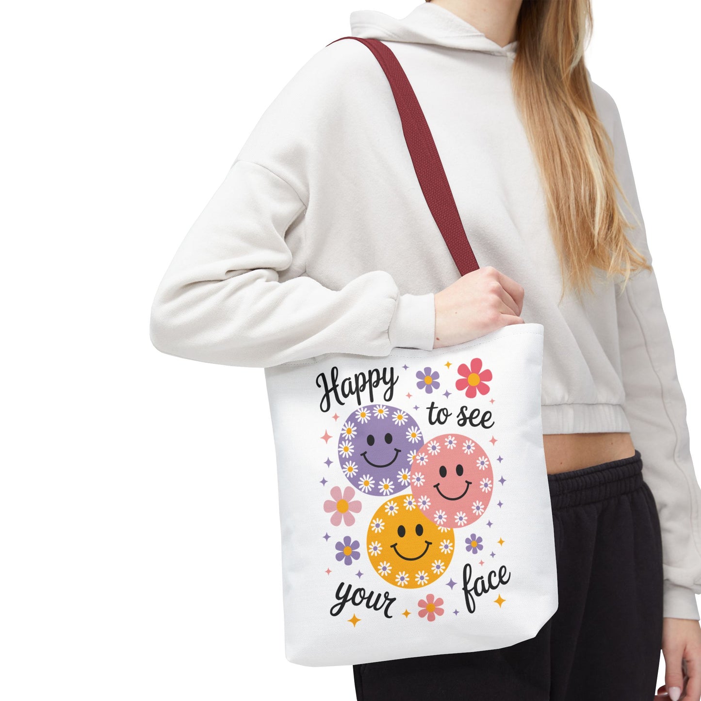 ๐ผ Happy Face Daisy Tote Bag โ Retro Smiles with Floral Charm ๐ธ