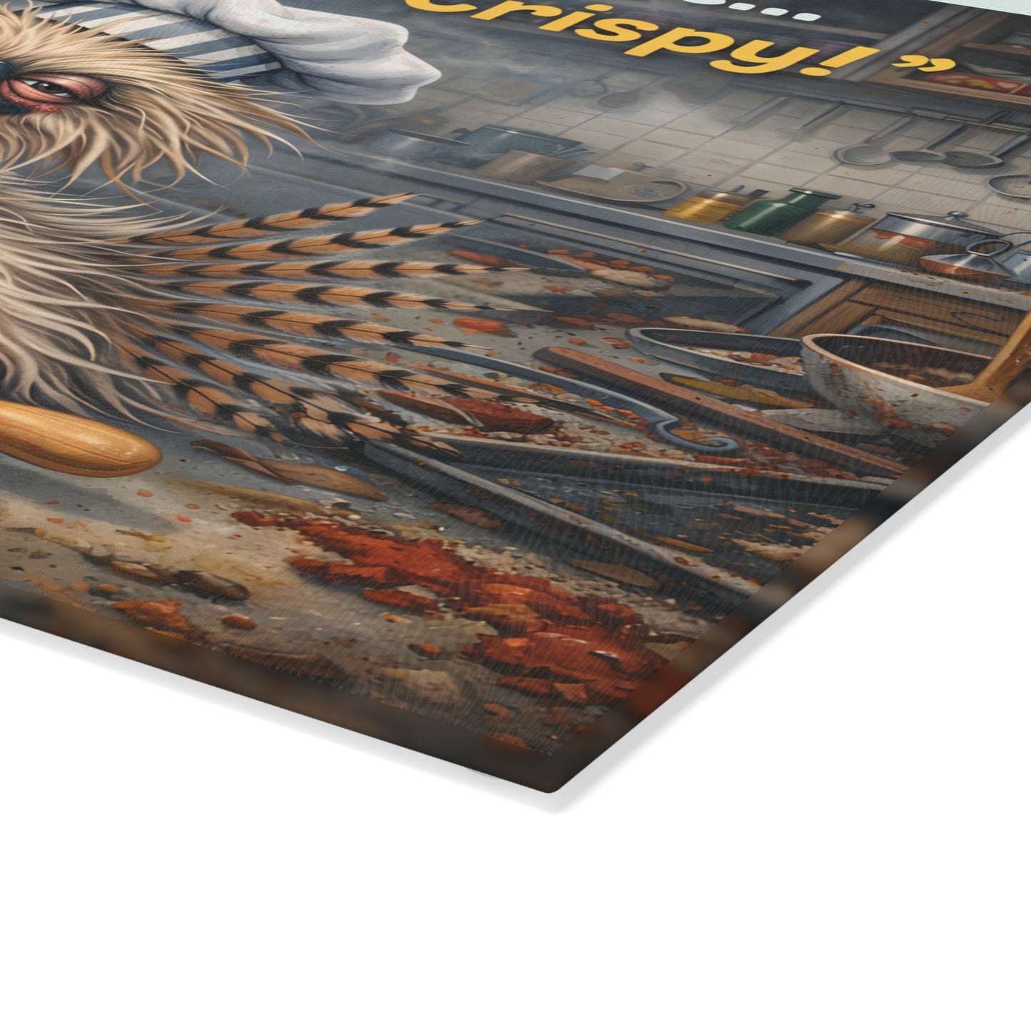 Extra Crispy Kitchen Humor Glass Cutting Board – Playful Baking Chicken Art Decor