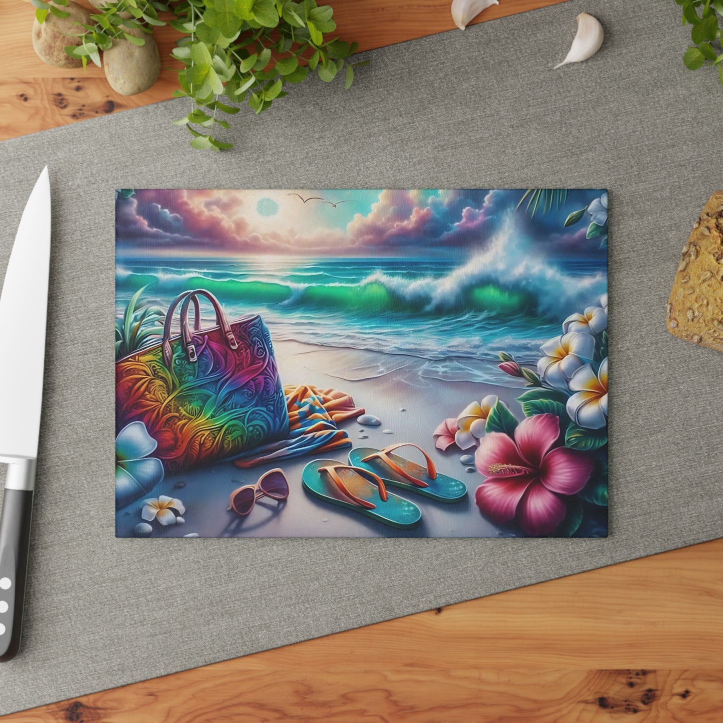 Tabla de cortar de vidrio "Día de Playa Tropical" - Decoración de cocina con ambiente veraniego, decoración costera, arte oceánico, regalo playero, tabla de cortar de vidrio, decoración de cocina tropical, aspecto pintado a mano, escena playera