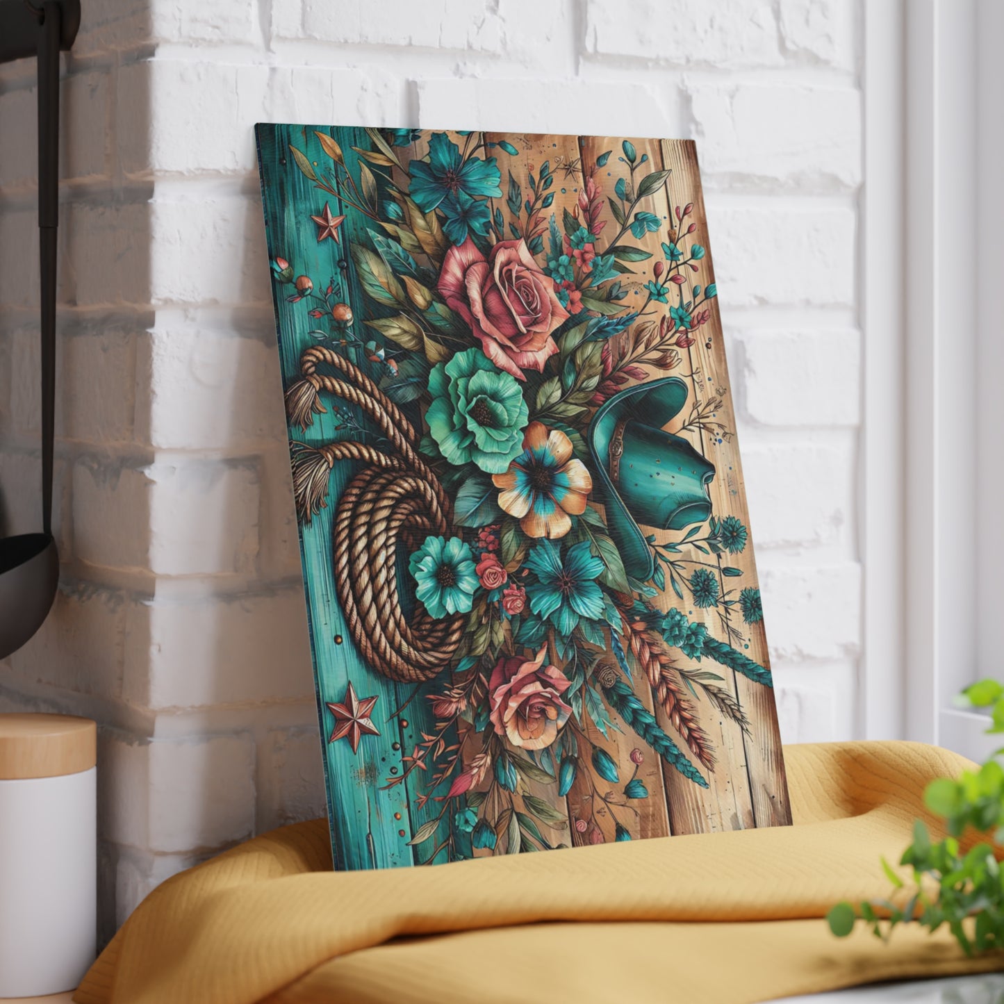 🤠 Western Cowboy Hat, Rope & Floral Rustic Cutting Board – Country Charm Kitchen Décor