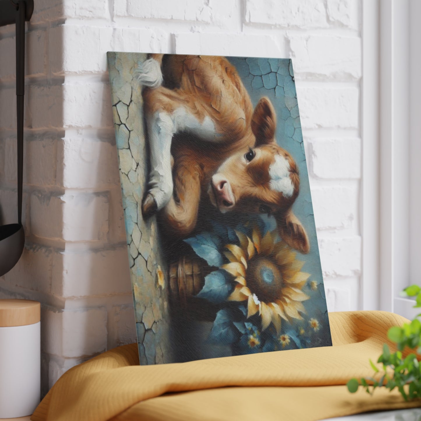 🌻 Sunflower Calf Glass Cutting Board – Rustic Farmhouse Charm for Your Kitchen