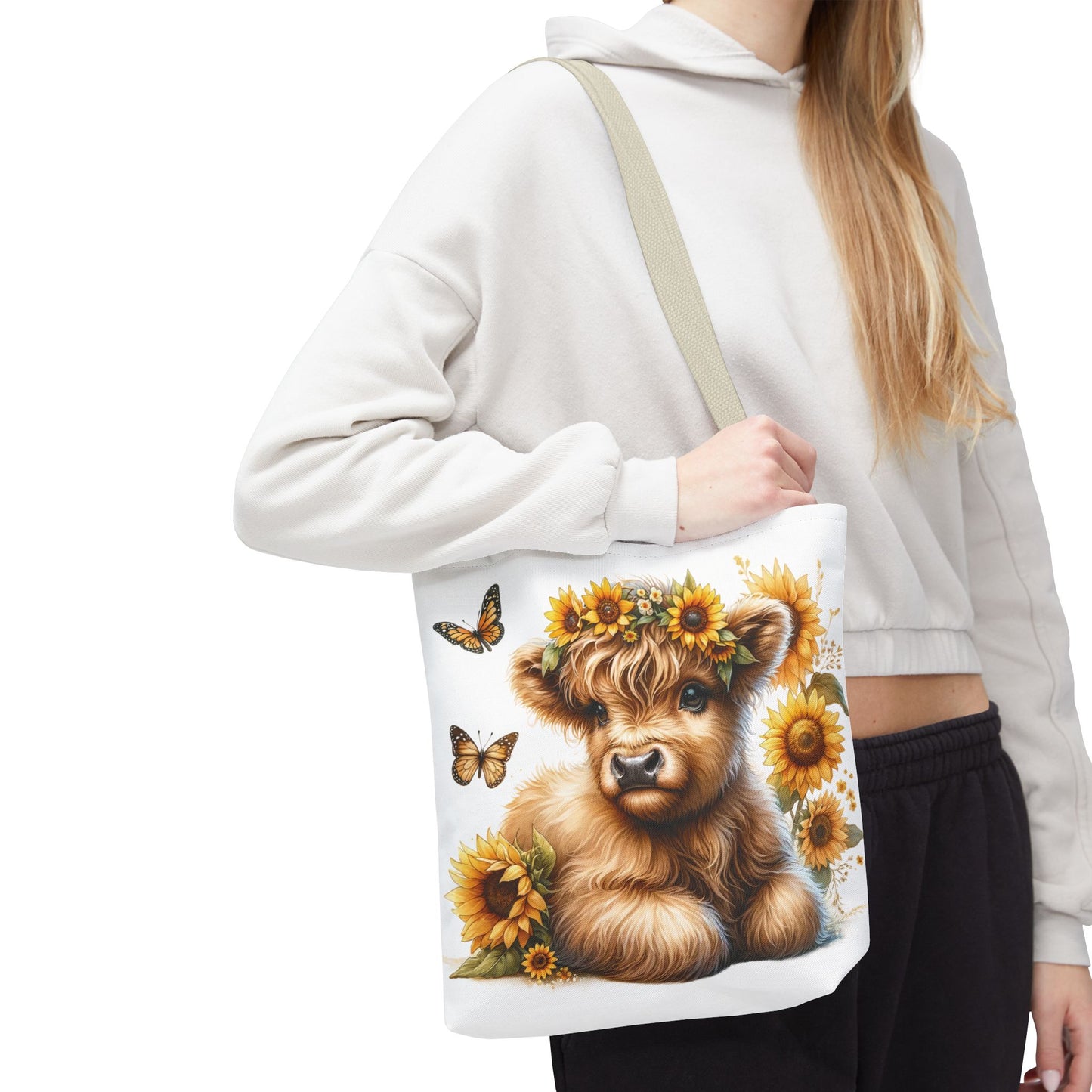 🌻 Sunflower Crown Highland Calf Tote Bag – Country Charm & Butterfly Bliss 🐮👜