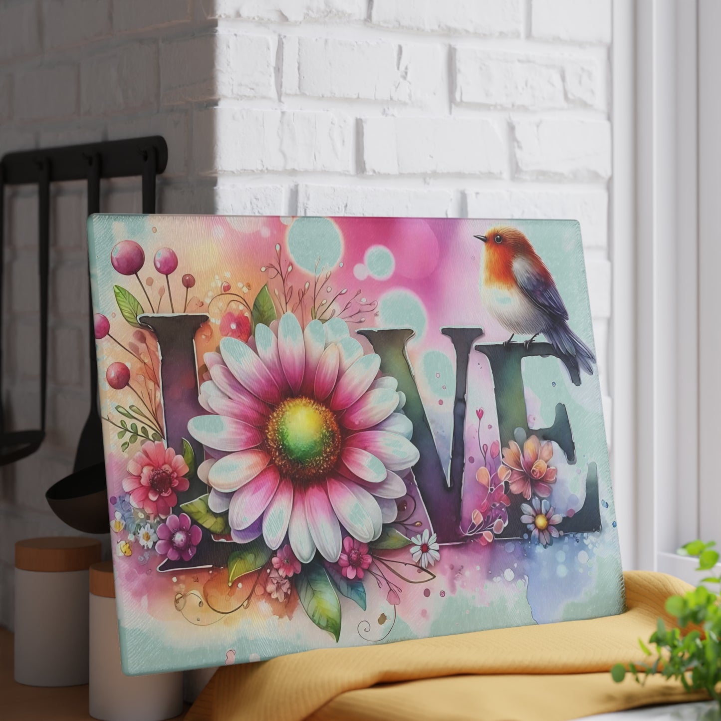 Tabla de cortar, diseño de amor con pájaros y girasoles, decoración de cocina, bandeja de vidrio para servir, regalo de inauguración de la casa, utensilio de cocina