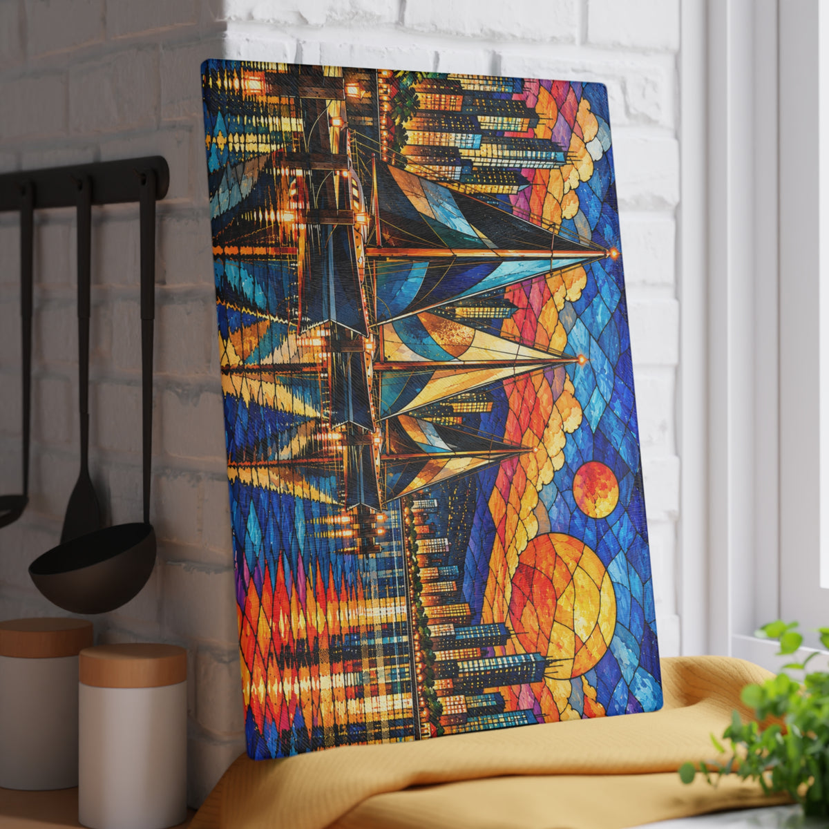 Stained-Glass-Inspired Sailboat Sunset Cutting Board – Colorful City Skyline, Glowing Marina, Golden Sunset & Nautical Kitchen Décor