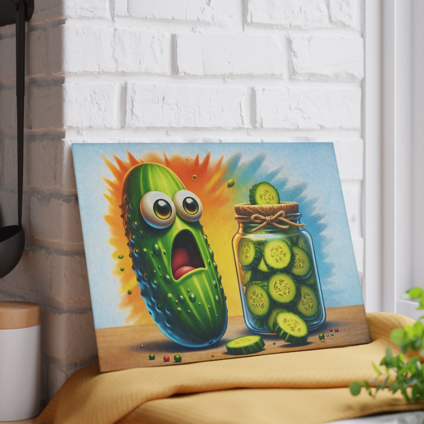 Pickled Shock Glass Cutting Board – Funny Pickle Kitchen Art with Surprised Expression