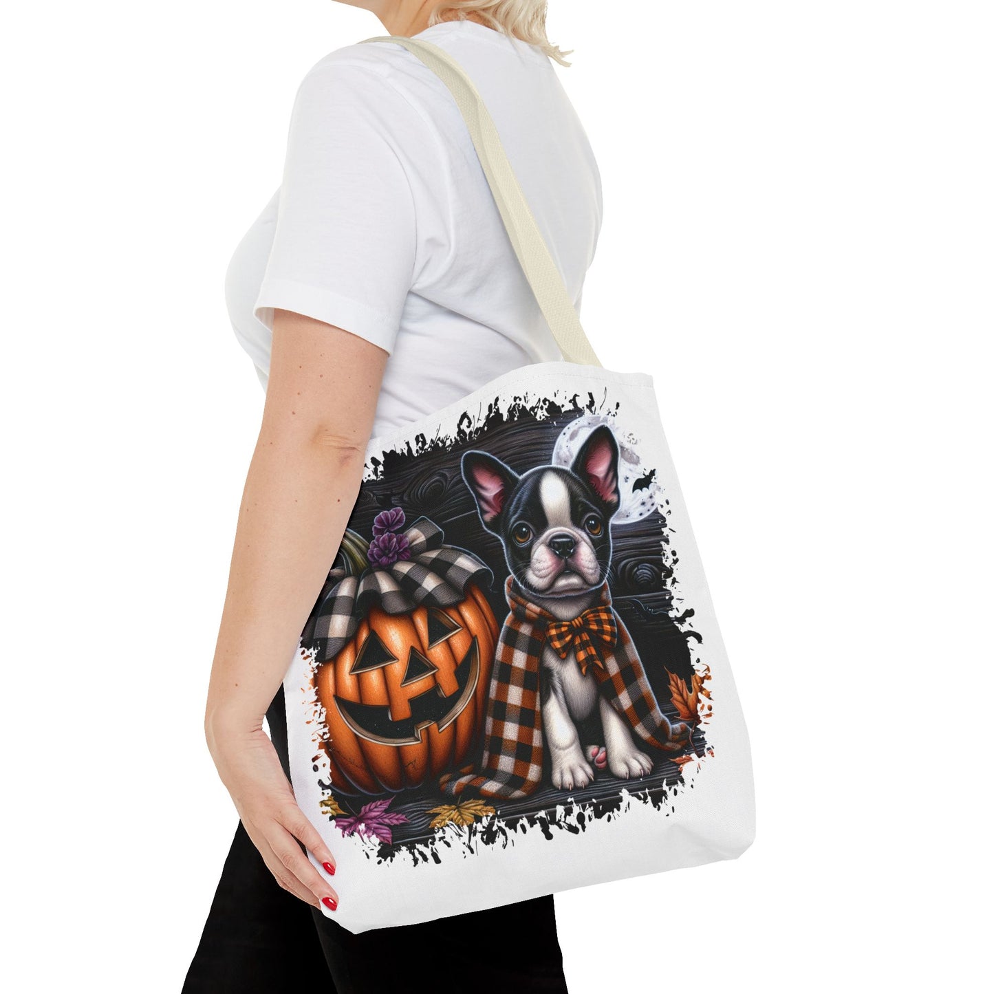 🎃 Boston Terrier Halloween Tote Bag – Spooky Cute with Plaid Style 🐾🖤👜