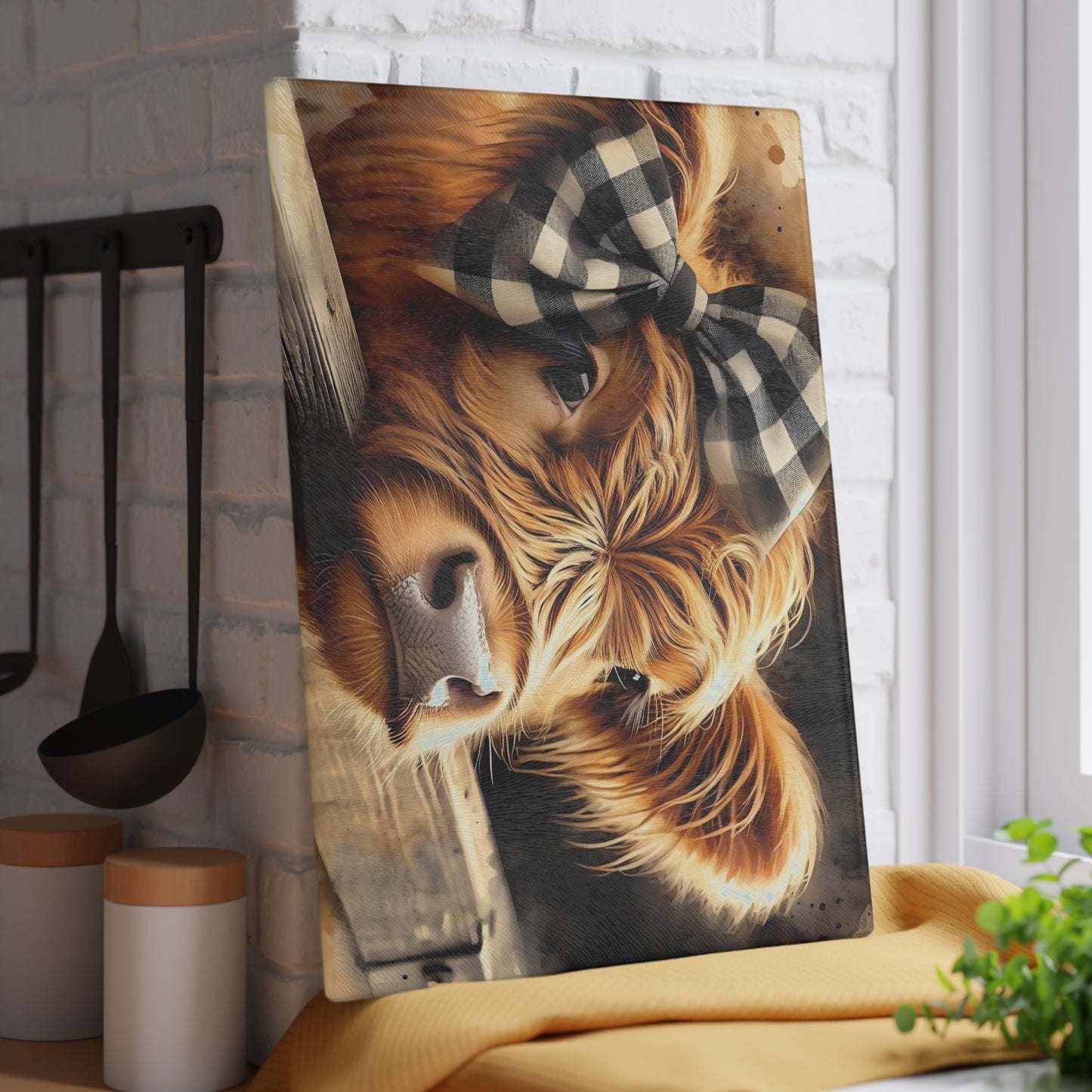 Tabla de cortar de vidrio con diseño de vaca de las Tierras Altas y lazo a cuadros – Decoración de cocina rústica