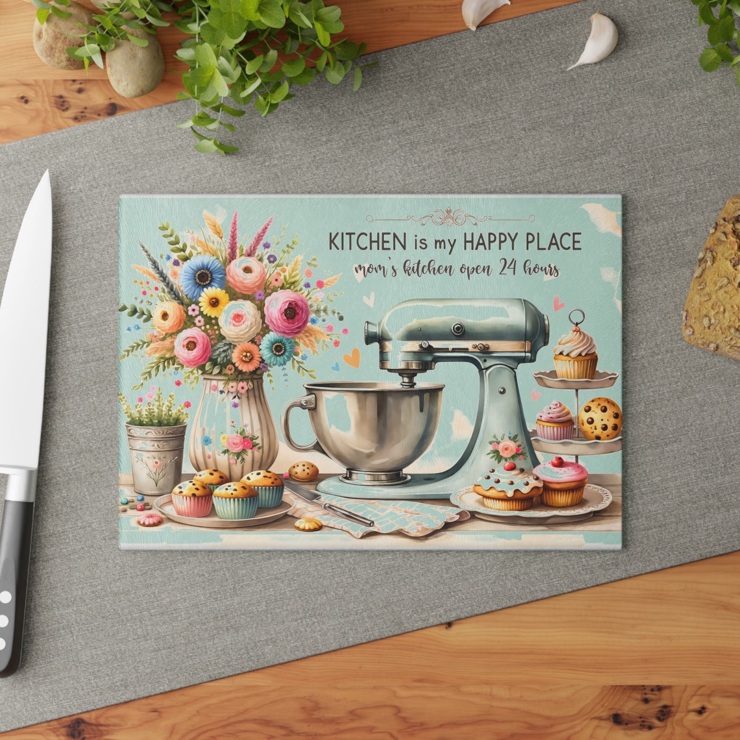 🧁 Kitchen Is My Happy Place Cutting Board – Whimsical Retro Charm for the Sweet-Hearted Baker