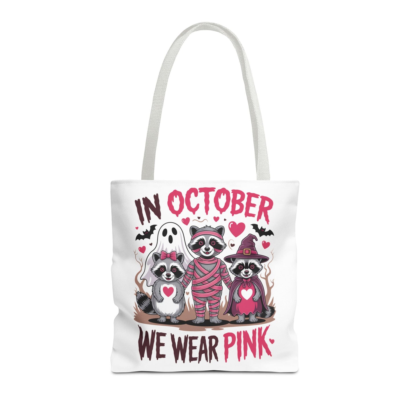 🎀 In October We Wear Pink Raccoon Halloween Tote Bag – Spooky Cute Awareness Style 🦝👜